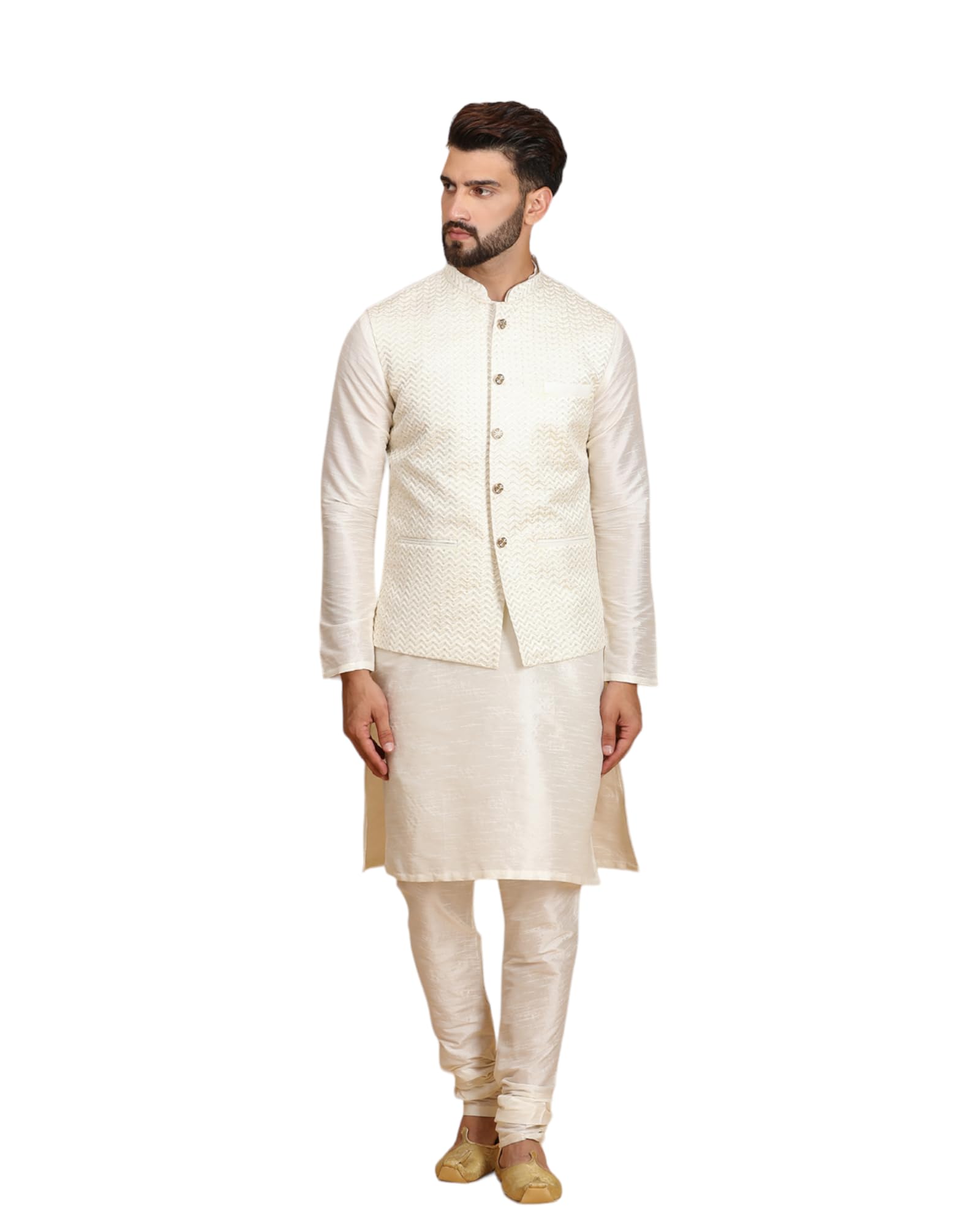 Ethluxis Men Silk Blend Kurta Jacket Set with Mandarin Collar