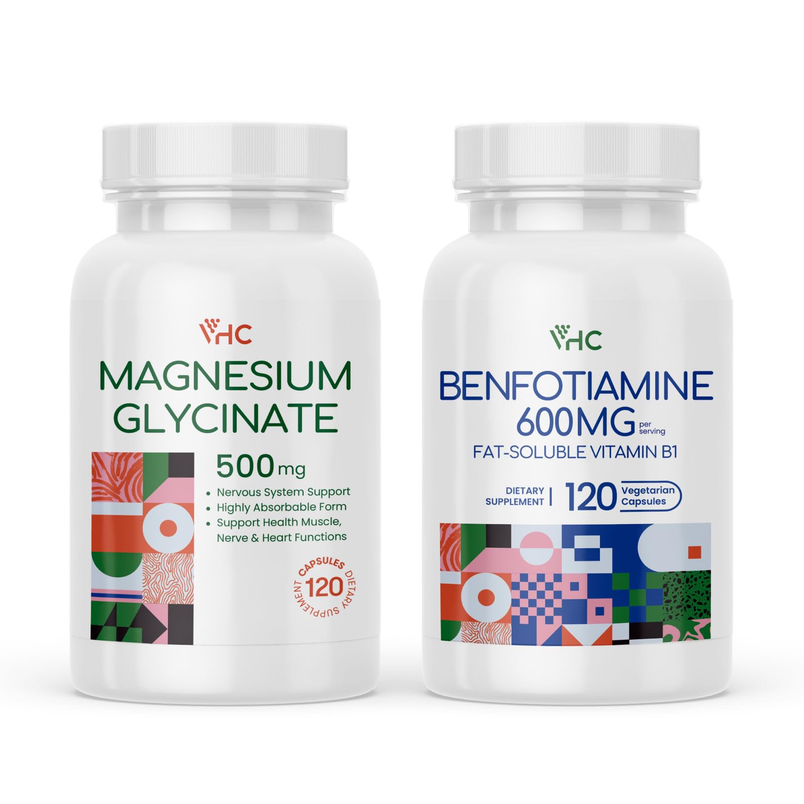 Magnesium Glycinate 500mg, Benfotiamine 600mg Supplement,120 Veggie Caps, Made in USA