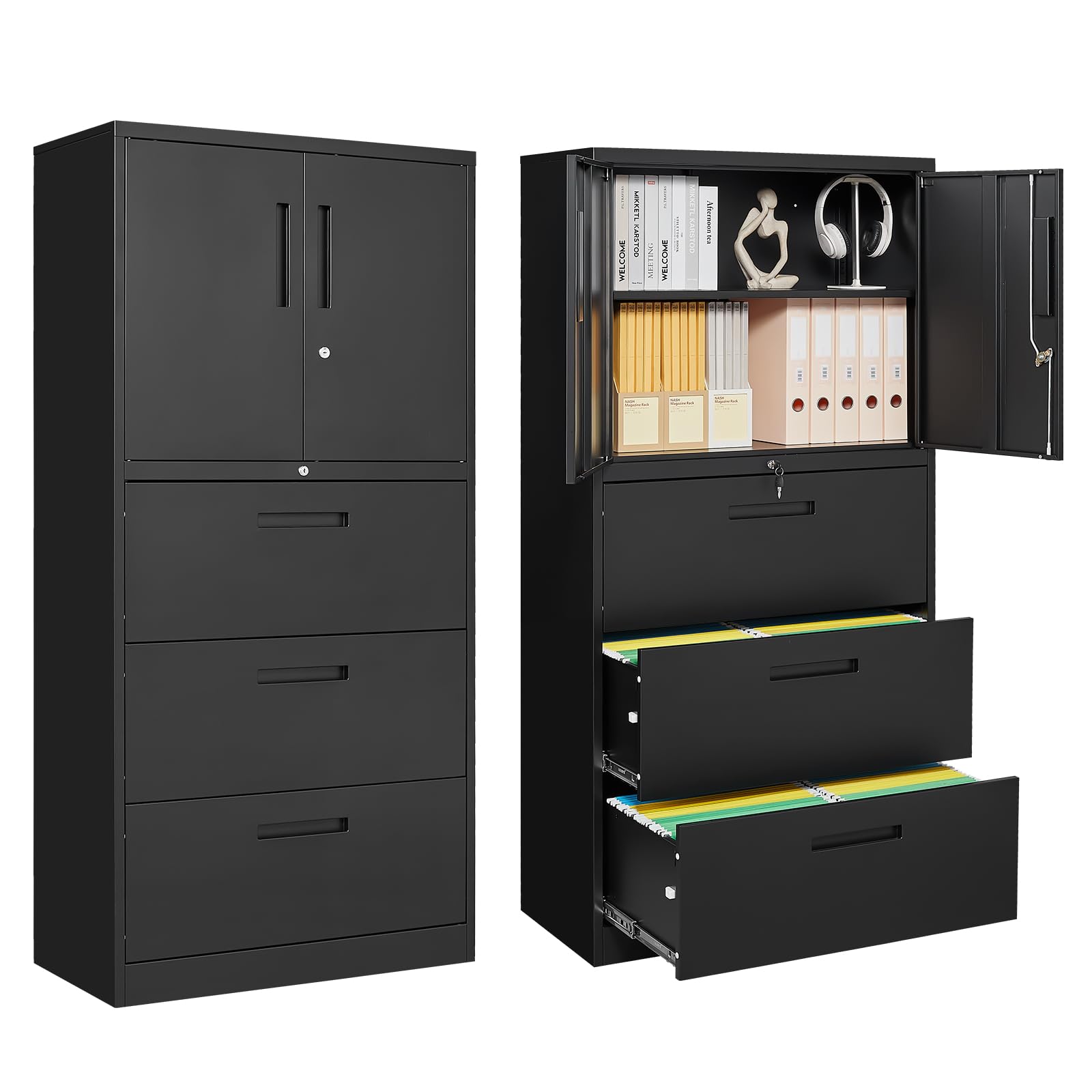 PEUKC 3-Drawer Metal File Cabinet, Lateral Vertical Filing Cabinets for Home Office, Locking File Cabinets with Storage Shelves, Legal/Letter/A4 Size