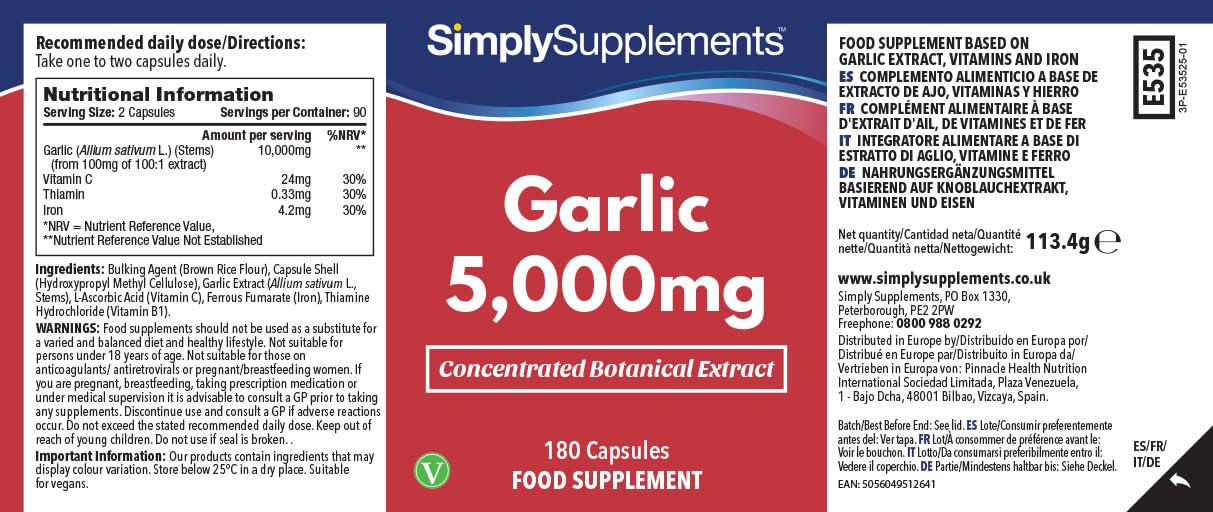 Cápsulas de ajo de alta potencia | Ayuda a la salud inmunológica | Con vitamina C, hierro y tiamina | Apto para veganos | 360 cápsulas = 6 meses de suministro | Fabricado en el Reino Unido