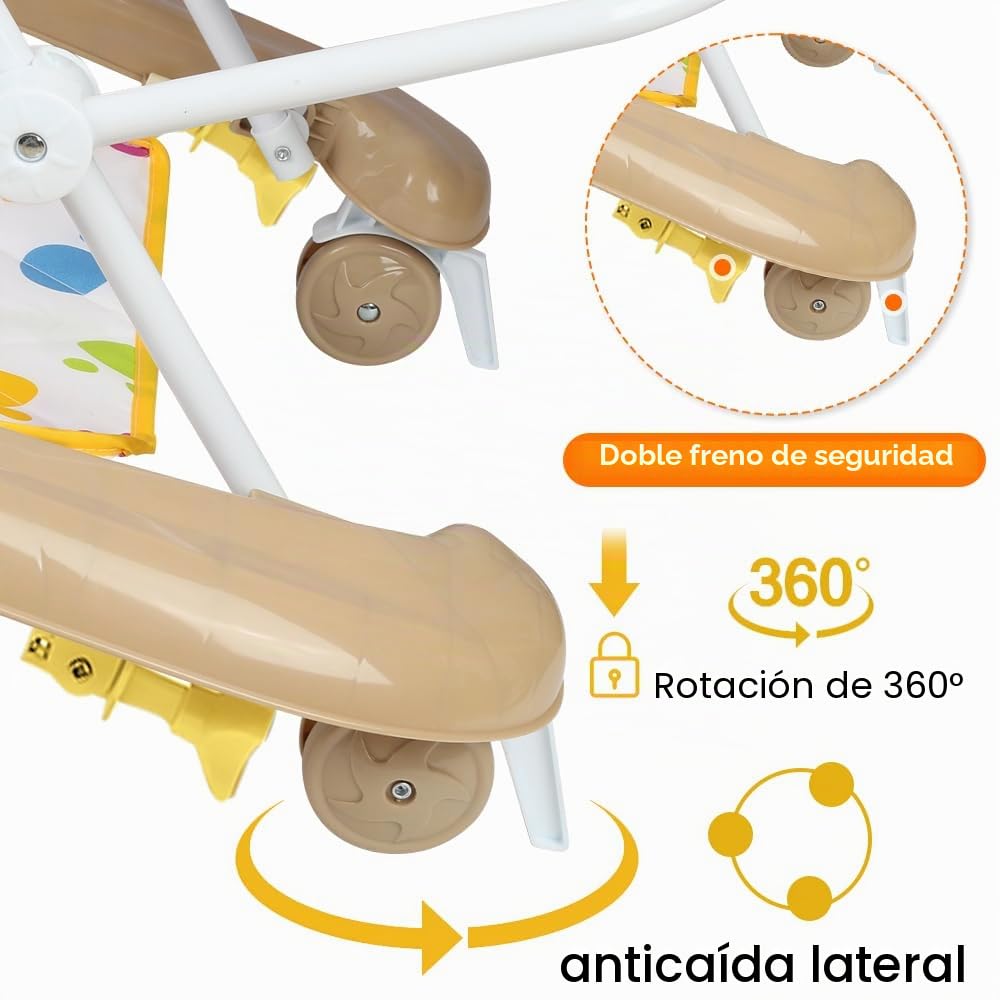 Andador para bebé con musical, andador de bebé fácilmente plegable, placa extraíble, toldo de coche, 6 a 18 meses, hasta 12 kg, 62 x 68 x 36 – 81 cm, color caqui