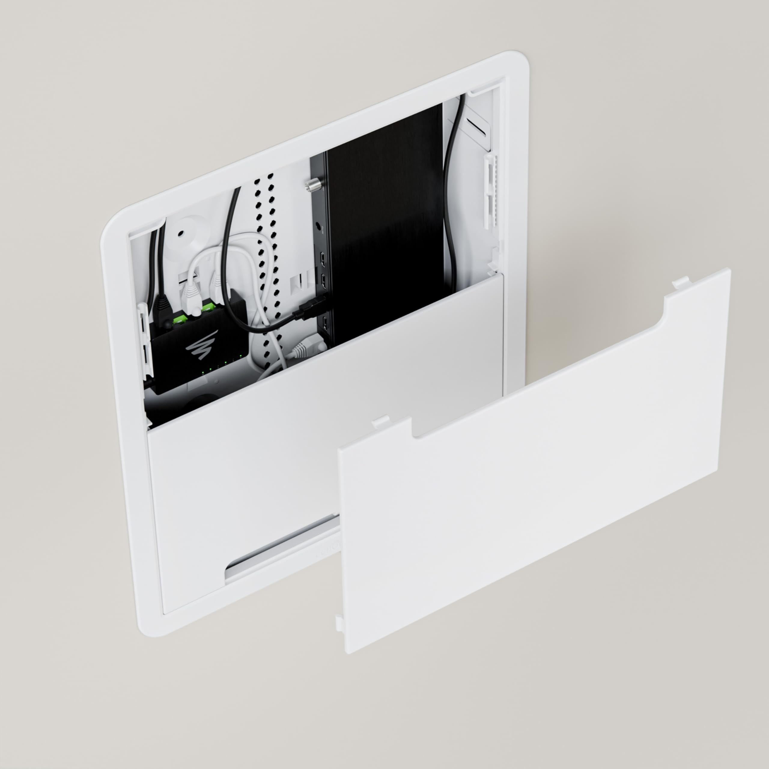 On-Q Legrand ENP1705NAV1 - Recinto Multimedia de 17 Pulgadas, Organizador de Cables de Pared, Panel de Red doméstica de Doble propósito para Almacenamiento de Dispositivos, Caja Multimedia, Blanco,