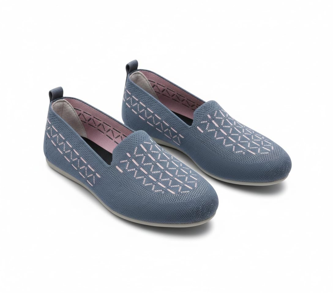 Women's Knit Loafers, Blue with Geometric Pattern, Slip-On Flats, Cushioned Insole, Casual Comfort Shoes-image-49