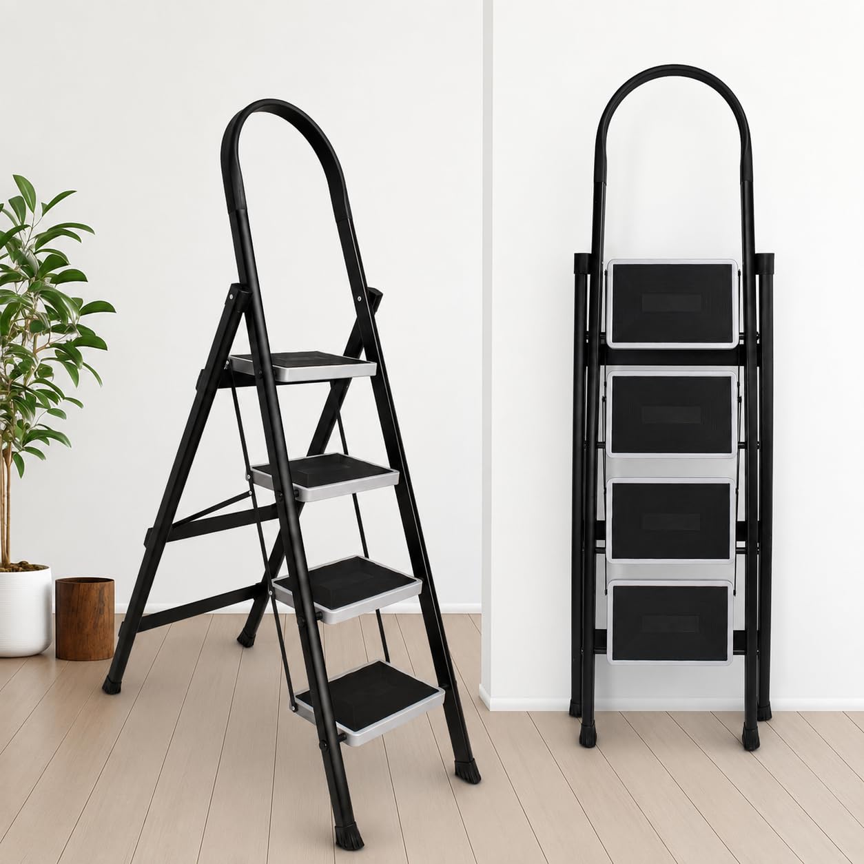 TEKCOOL Foldable Ladder for Home 4 Steps with Built-in Tool Tray | Heavy Duty D Shape rods | 20 x 30 cm Large Platform | Wide Rubber feet | Secure Lock | 150kg Capacity