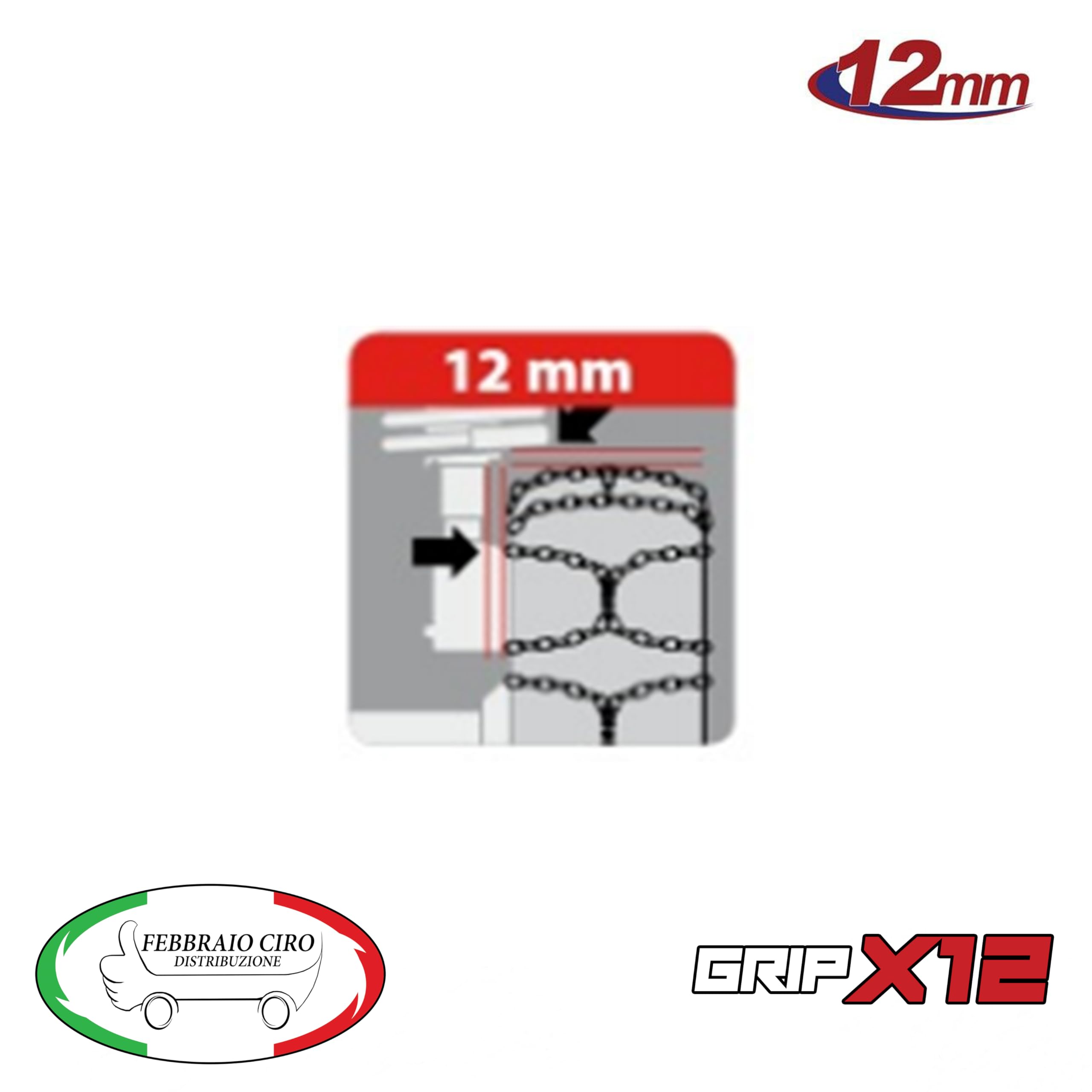 GRIPX12 - Catene da Neve 12mm | Montaggio Facile con Tensore Auto-bloccante | Omologate TÜV e GS | Compatibile con Varie Misure di Pneumatici, 12 MM Gruppo 95, Lega di Acciaio