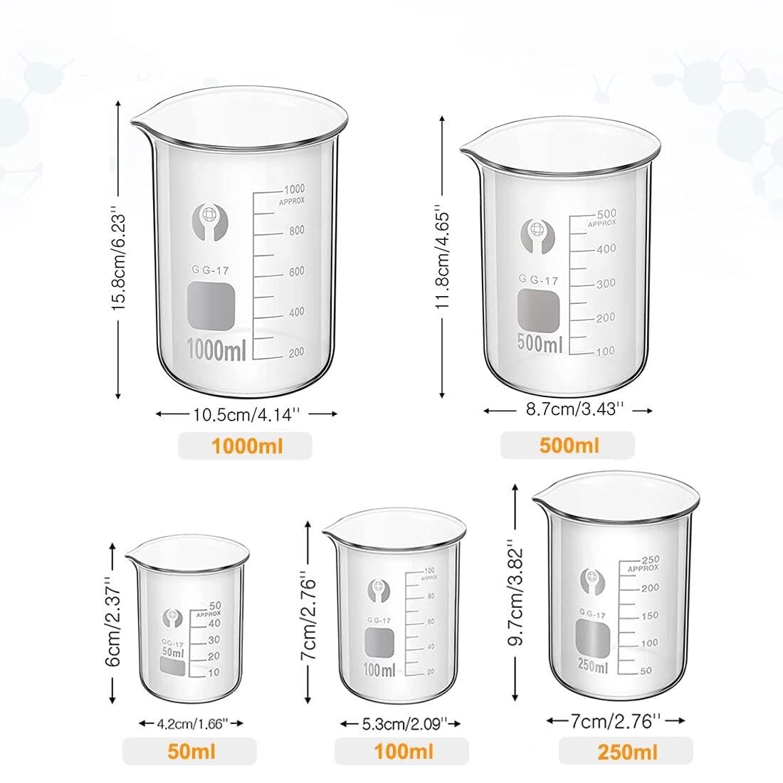 Zlewka laboratoryjna z dziobkiem, Zestaw zlewek ze szkła borokrzemianowego, 5 sztuk, 50-1000 ml, z pędzelkami(5ml)