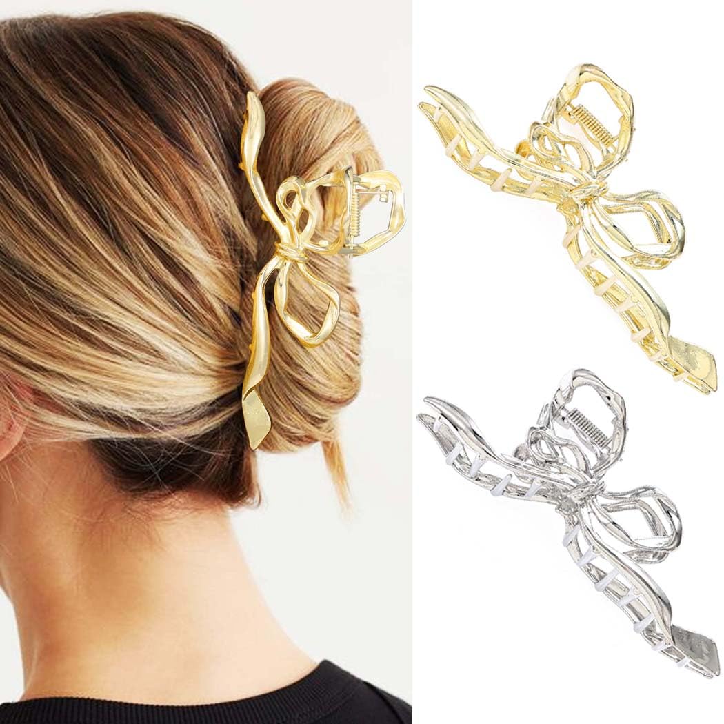 Reaky Bow Claw Clips Gold Metal Hair Clip Large Hair Claws Hair Accessories for Women, Gold,Silver