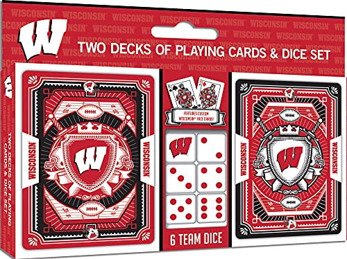 Image of MasterPieces NCAA Wisconsin Badgers Playing Cards and Dice Set, Officially Licensed Collegiate Game Night Collection, Two Poker Size Decks with Custom Artwork, Six Dice, Wisconsin Badgers Fan Gift