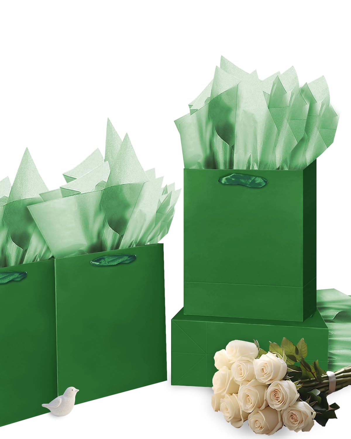 Gcardist Dark Green Gift Bags with Tissue Paper for Wedding, Birthday, Party Supplies-7.9"x4.3"x9.6" Medium Size Cardboard Gift Bags（5pcs Bags + Tissue Paper ）