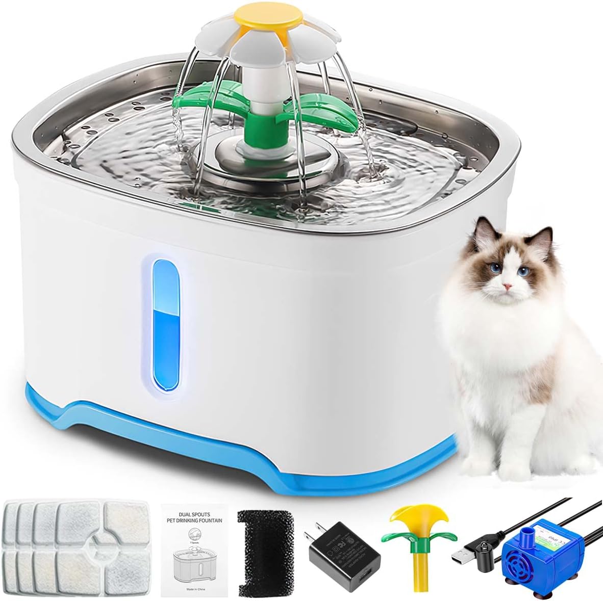 Fuente De Agua Para Gatos Acero Inoxidable 2L - Bebedero Silencioso Con Filtros, Bomba Incluida