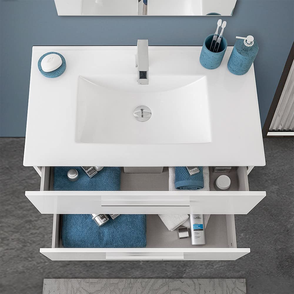 Inbagno Mobile Bagno sospeso 80 cm, Bianco Lucido 2 cassetti, Completo di lavabo e Specchio