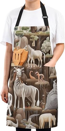 Miniatura 8 de RPLIFE Delantal de cocina con imágenes de animales para mujer, delantal de hombre con bolsillos, delantal impermeable, delantal para mujer