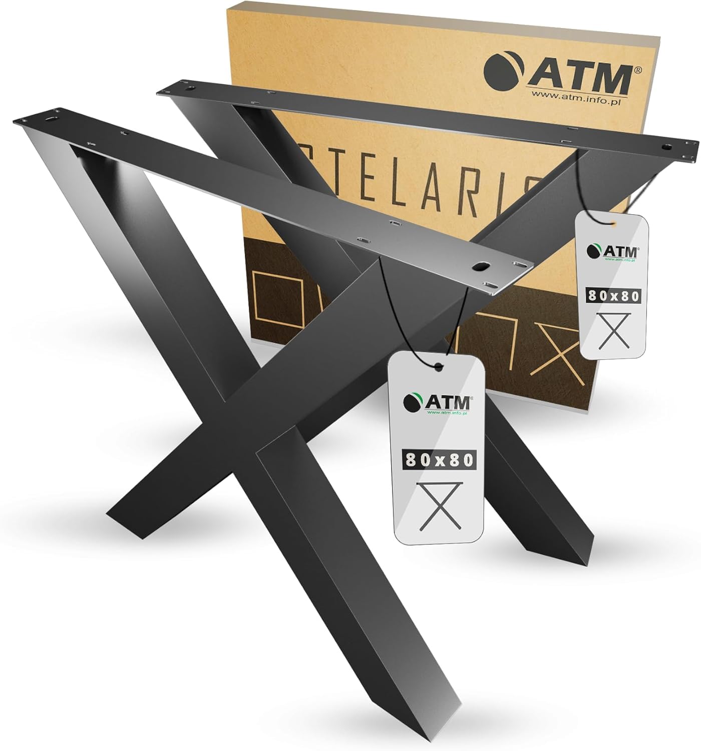 ATM® Piedi per Tavolo a Forma di X | 2 Traversine per Mobili | Profilo Metallico 80x80mm | Base Solida per Tavoli, Scrivanie e Piani di Lavoro | Struttura in Acciaio (Alt. 73 cm) | Nero Opaco