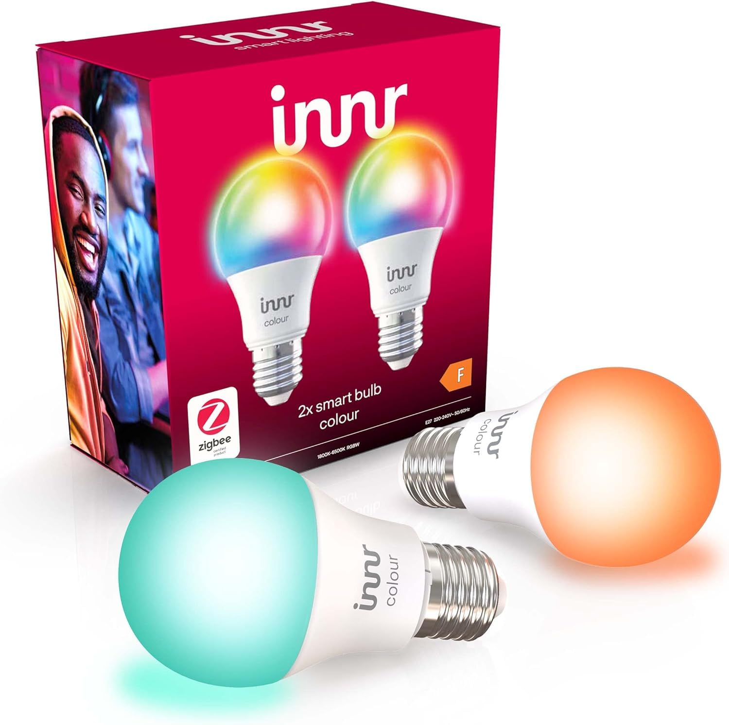 Innr Innr Zigbee E27 Smart Bulb, Works with Hue*, Amazon Echo 4th Gen., Alexa (Bridge Required), White & Colour, E27 Screw Bulb, LED Light Bulbs, Dimmable, 806 Lumen, 2-Pack