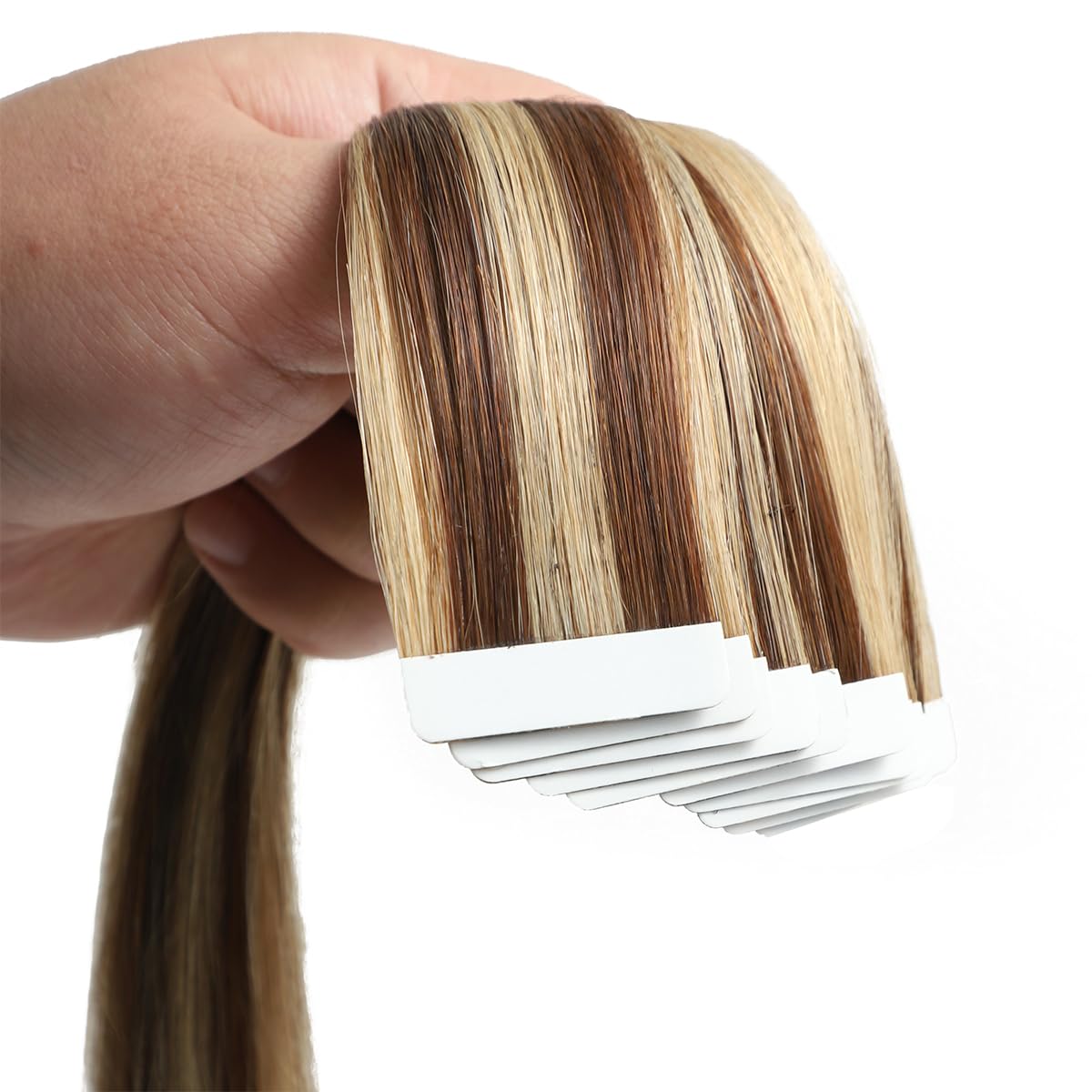 Doczepiane włosy na taśmie, prawdziwe włosy, blond, pasemka średniobrązowe, gładkie włosy Remy, z taśmą, 20 sztuk, 50 g, 40 cm