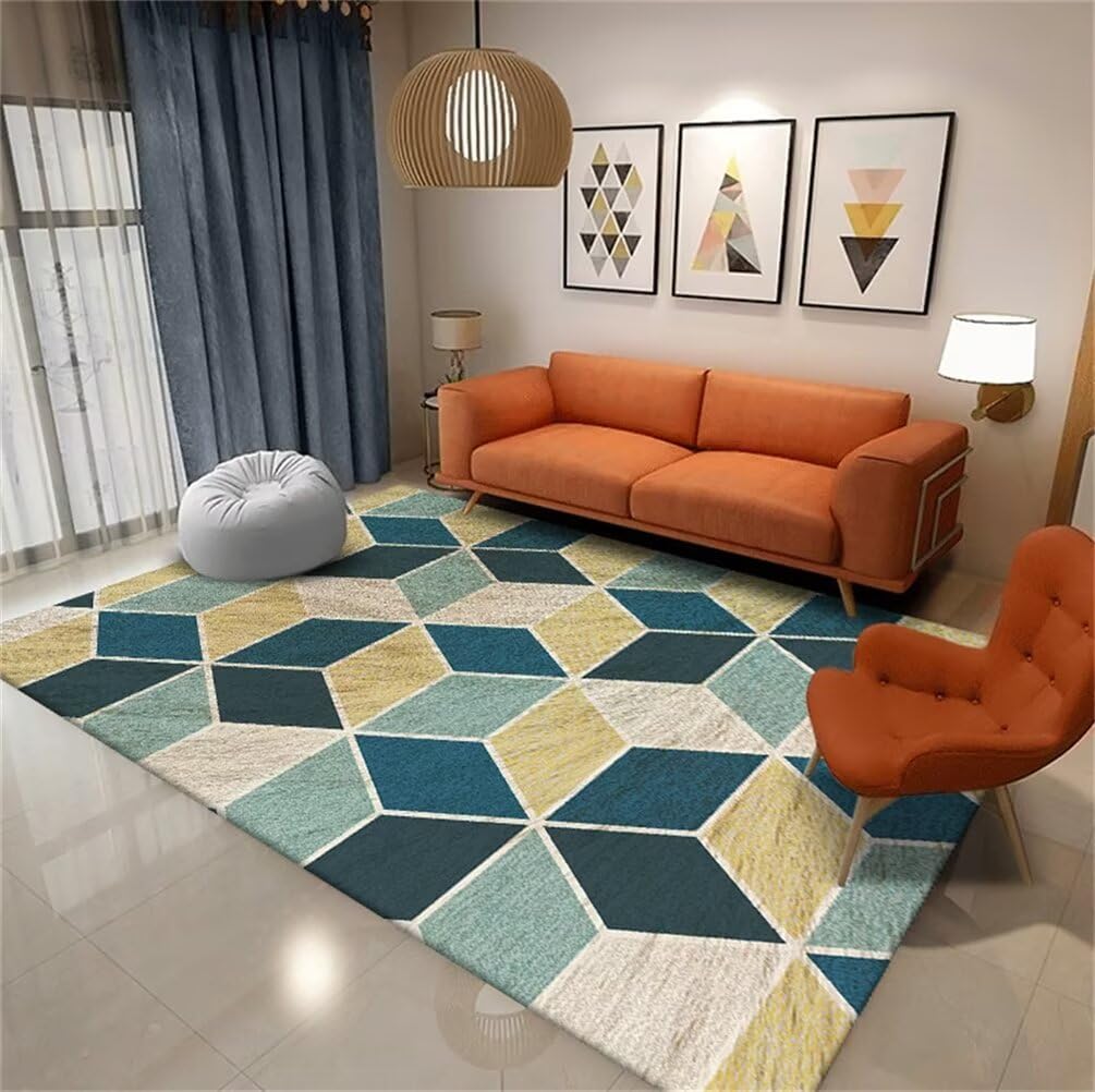 Tapis salon lavable en machine 100x150cm bleu et jaune géométrique moderne