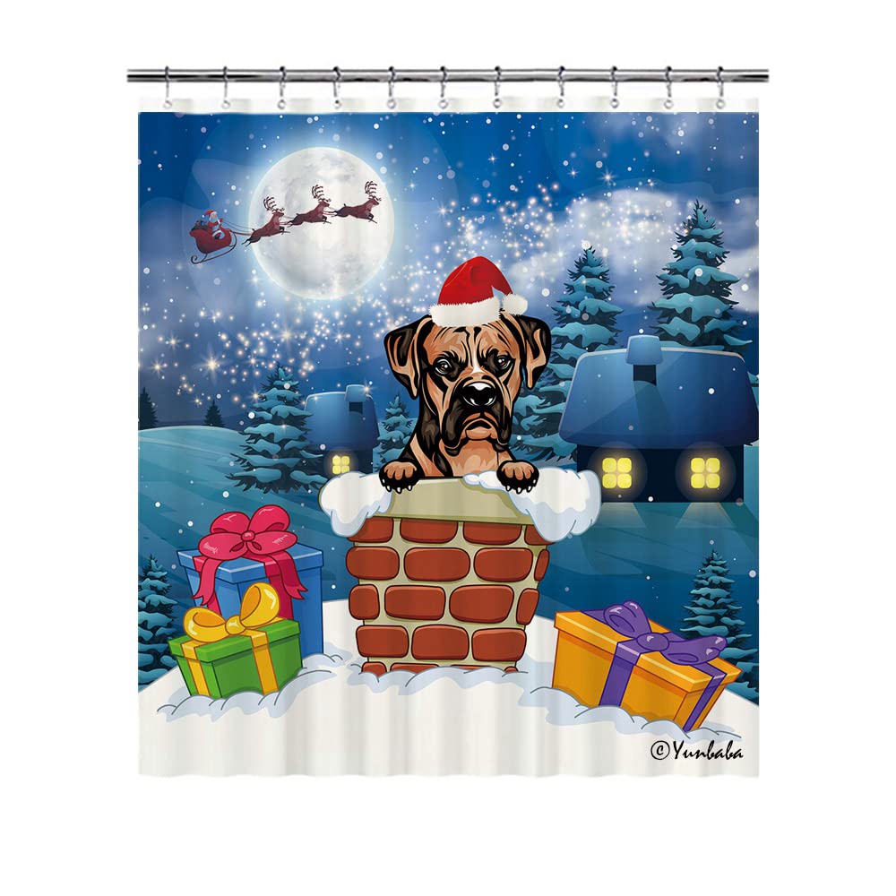 BAGEYOU Merry Christmas Pet Lover Shower Curtain Boxer Dog in The Chimney Santa Gifts for Xmas Bathroom Decoration Curtains with 12 Hooks 72"x80"