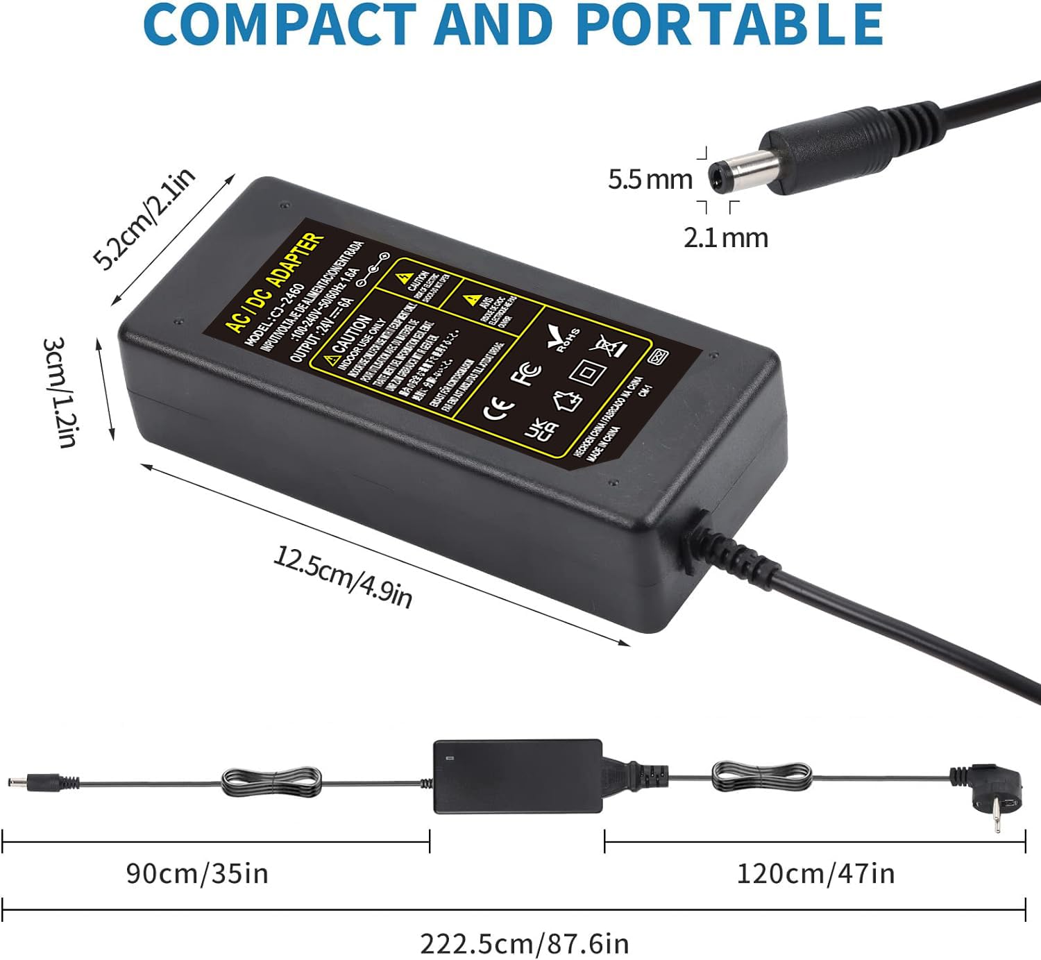 Adaptador de Fuente de alimentación 24V 6A, Fuente de alimentación LED 100-240V AC/DC Transformador de Salida DC 5.5mm x 2.1mm Fuente de alimentación Universal 24V 144W para 5050 3528 LED Strip