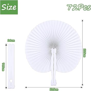 LATERN 72Pcs Folding Paper Fans, 25CM Round Paper Fans Chinese Handheld Fans White Wedding Fans with Plastic Handles for Summer Wedding Birthday Party DIY Favours Travel