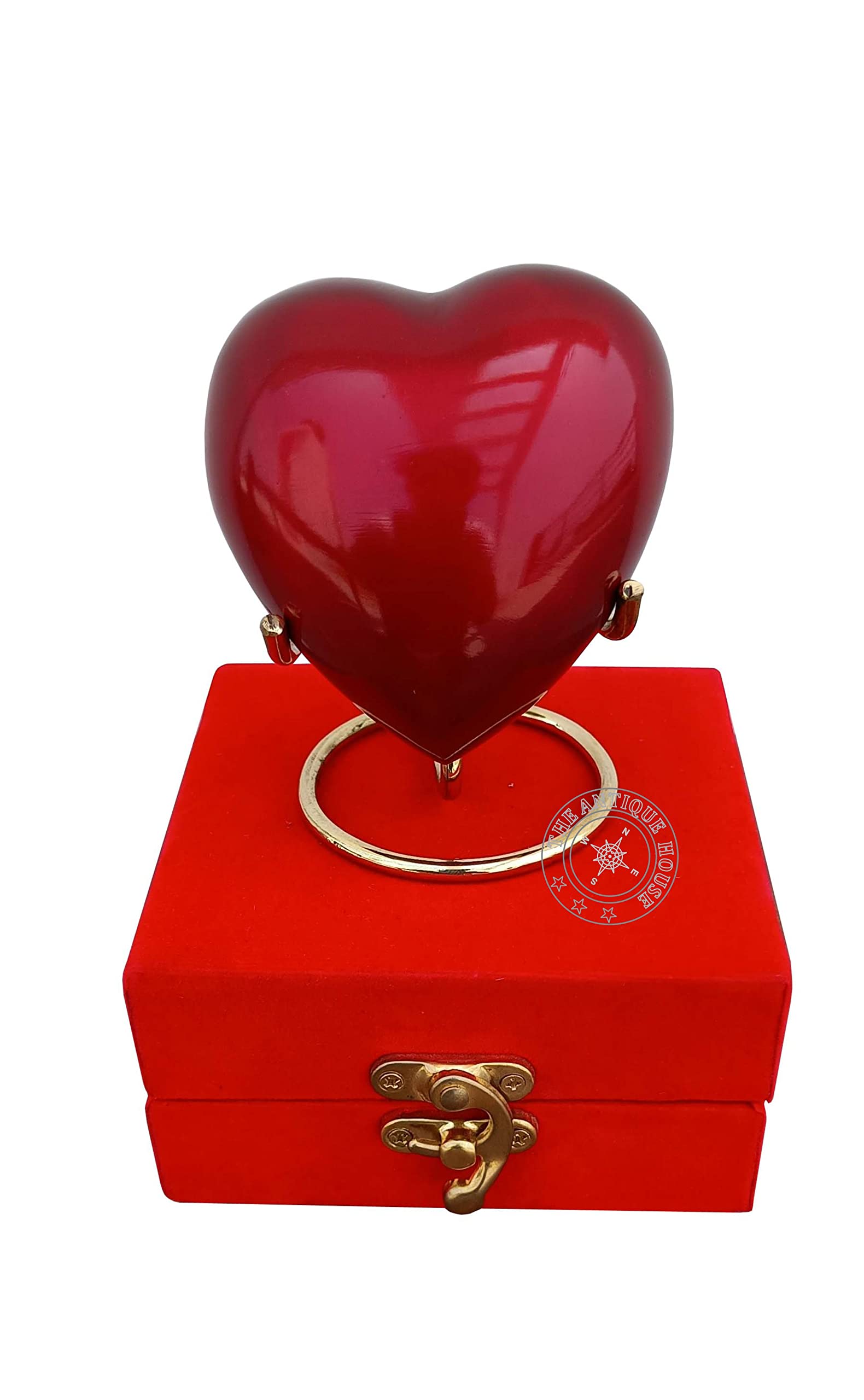 Urna de cremación para cenizas, urna de corazón rojo con caja roja y soporte de latón, mini urna conmemorativa para mascotas para tu ser querido