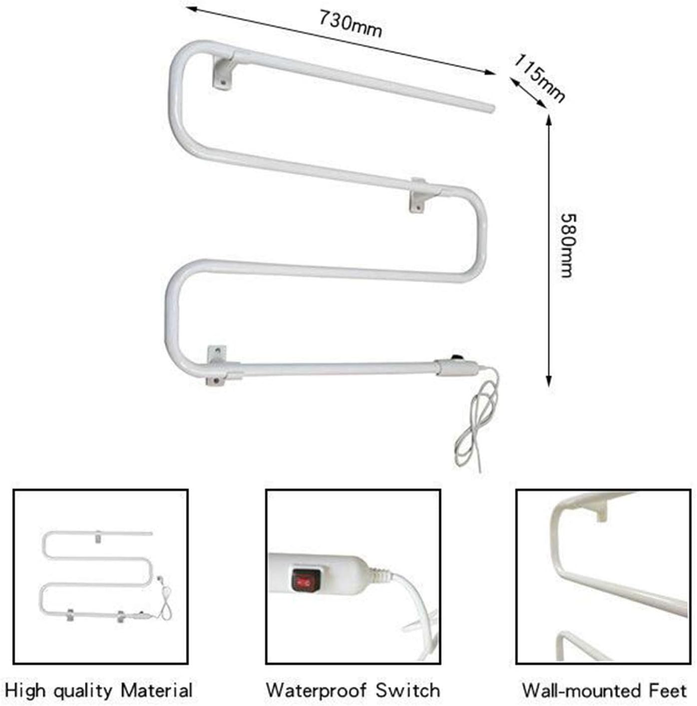 Heated Towel Warmer Wall-Mounted Curve Electric Towel Bars Portable Heater Towel Rack Plug-in White