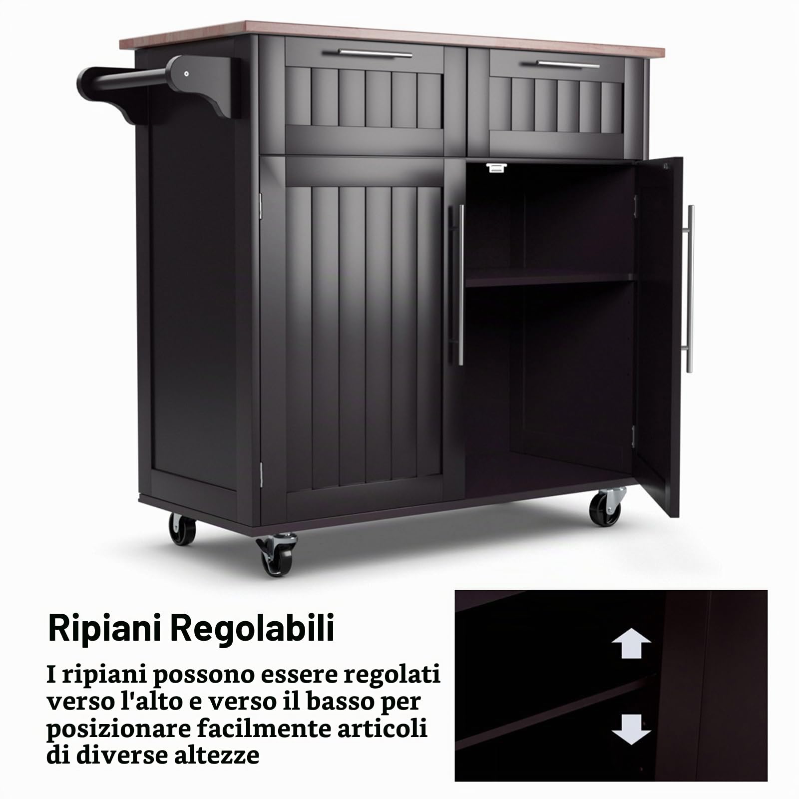 COSTWAY Carrello da Cucina, Isola da Cucina con Cassetti Portaoggetti e Armadietti, Ruote Universali e Portasciugamani, Ideale per Casa Ristorante Bar (Marrone)
