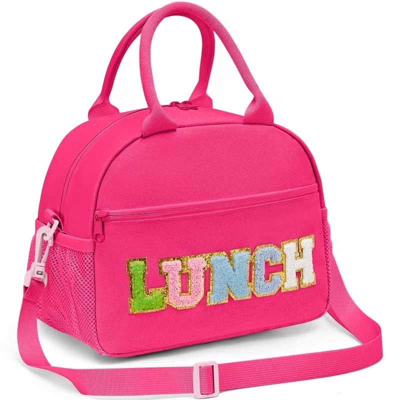 Beaulyn Lunch Bag for Women, Preppy Lunch Box for Girl, Large Insulated Lunch Bag with Adjustable Shoulder Strap, Reusable Lunch Tote Bag with Chenille Letter for Work School Picnic