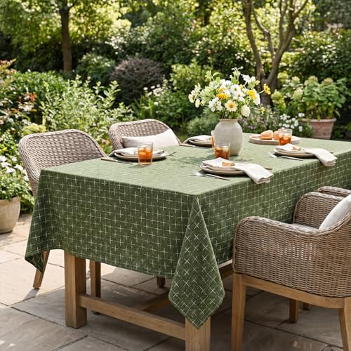 Artoid Mode Nappe de table rectangulaire en coton et lin - Style bohème - Vert olive - 140 x 200 cm - Broderie croix - Couleur unie - Lavable - Pour cuisine, vacances, décoration de fête