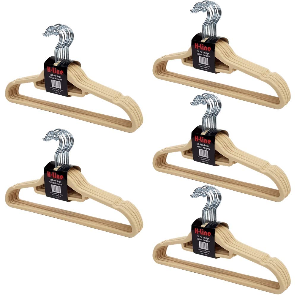 H-line 50 x Non Slip Flocked Velvet Coat Clothes Hangers Trouser Hanging Space Saving (Beige)