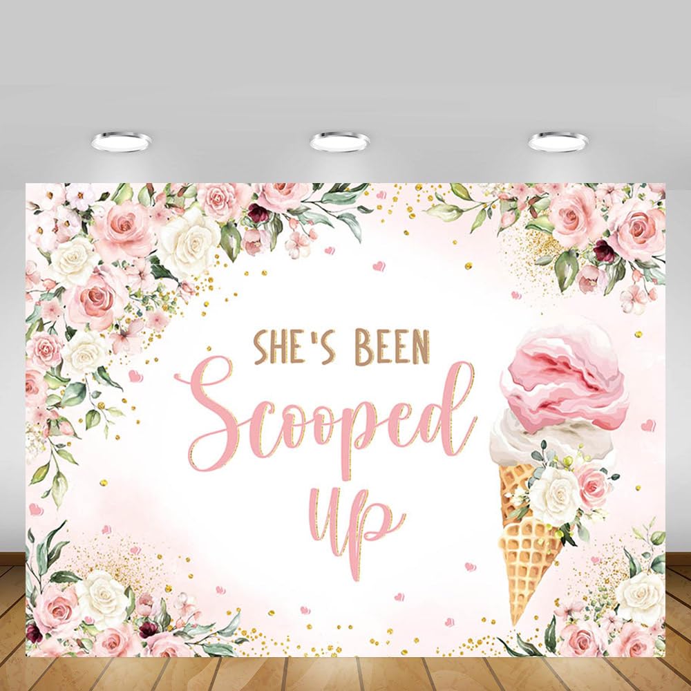 MEHOFOND Ice Cream Bridal Shower Backdrop She's been Scooped Up Pink Floral Bridal Shower Background Summer Couple Wedding Bride to Be Engagement Party Decorations Banner Photo Props 7x5ft