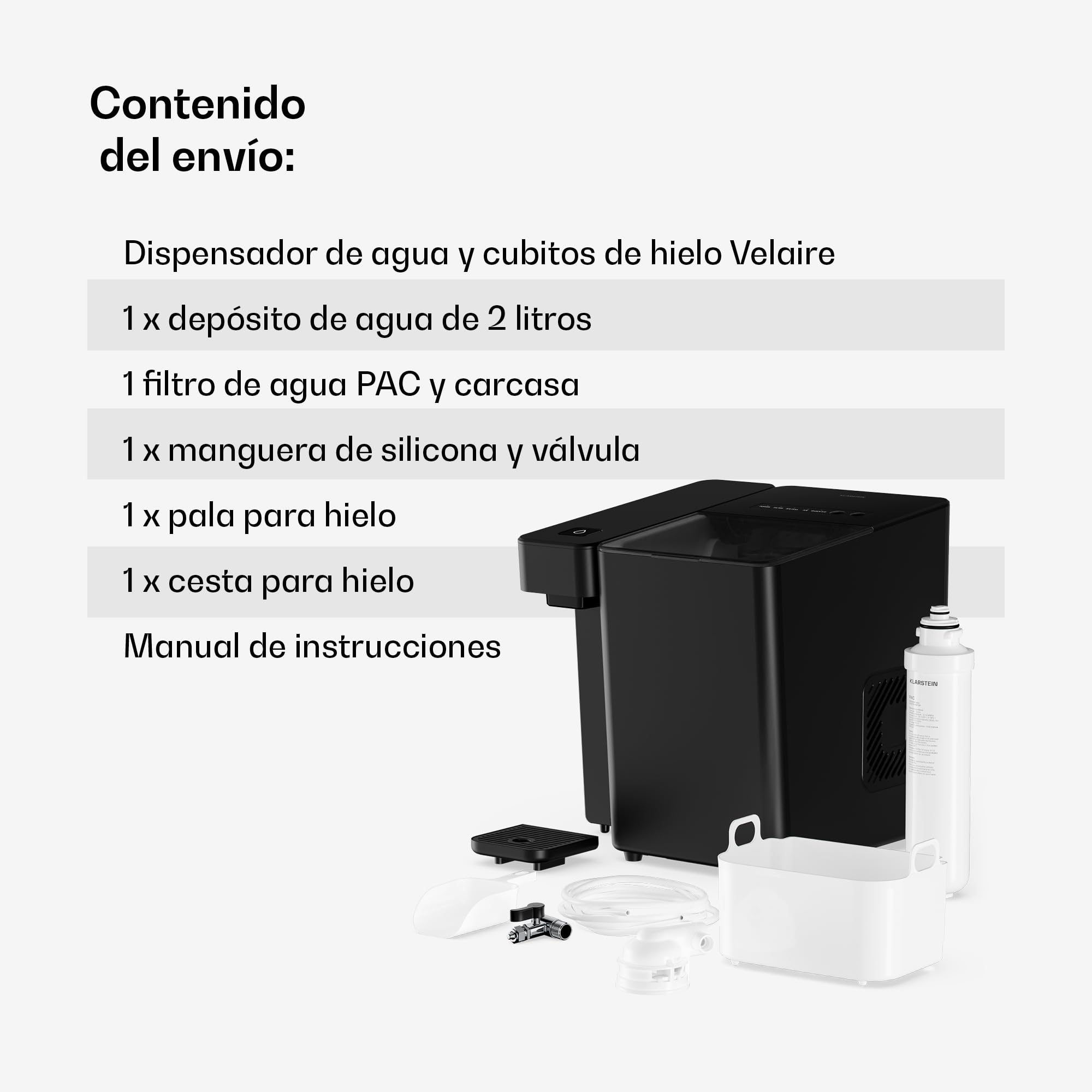 KLARSTEIN Velaire Maquina de Hielo & Dispensador de Agua - Filtro Pac, 2 Tamaños de Cubitos, 2L, 10kg/24h, Panel Táctil, Alarma, Fácil Uso, Maquina de Hacer Hielo para Casa