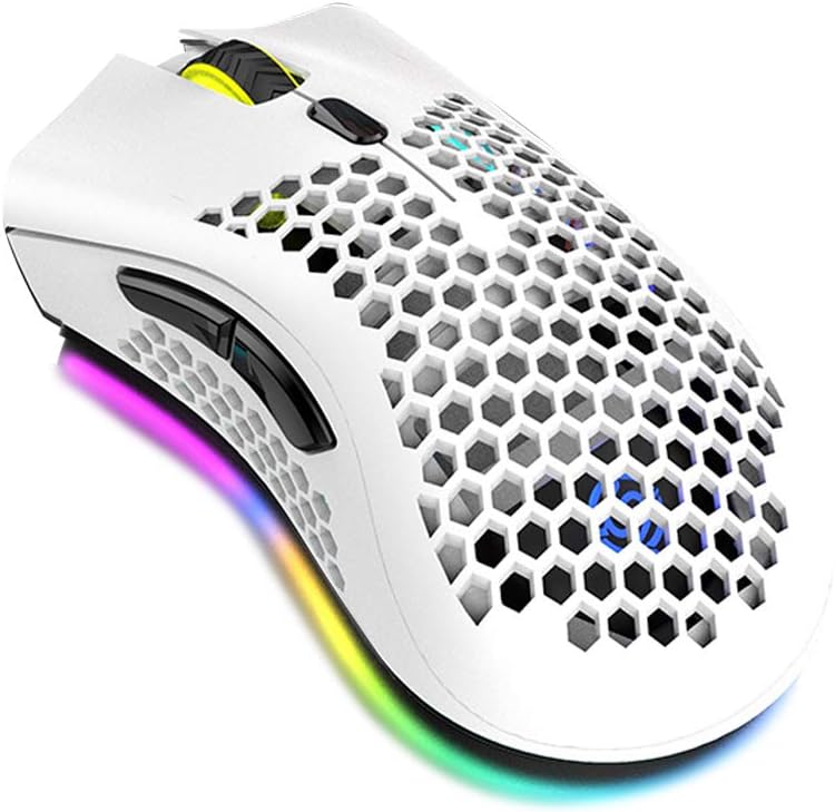 Eacam 2.4G Wireless Gaming Mouse Rechargeable Mouse with R.GB Light Effect 3 Adjustable DPI Hollowed-out Honeycomb Design White