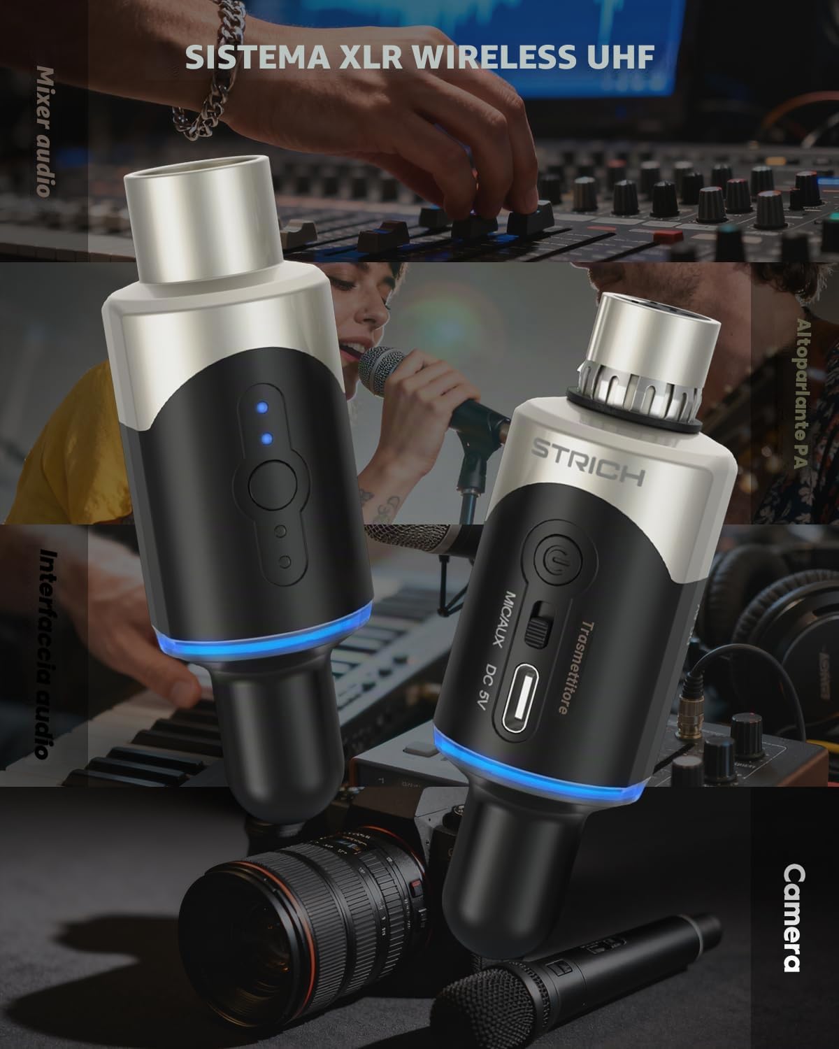 STRICH M5 Sistema Microfonico Wireless UHF XLR, Trasmettitore & Ricevitore 4 Canali per Microfono Dinamico, Raggio 61m, Latenza ＜1ms, Compatibile con Mixer Audio/Lautspeaker PA
