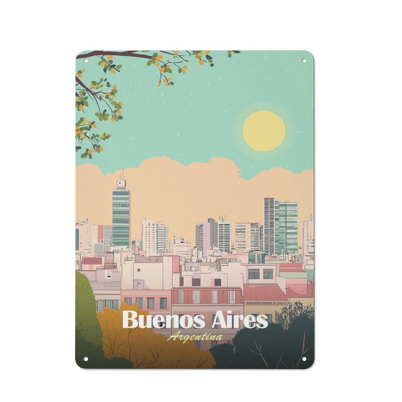 Junmoney Style-22 Buenos Aires Argentina Cityscape Illustration(2) Rustic Tin Sign 40X30cm For Garden Room Or Summerhouse, For An Autumn Wall Display In Garden Room And Summerhouse