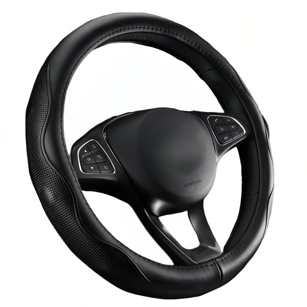 Premium Genuine Leather Steering Wheel Cover 15.5–16 Inch – Non-Slip Silicone Lining, Ergonomic Grip – Fits Ford F-150, RAM 1500, Silverado, Jeep & Trucks/SUVs