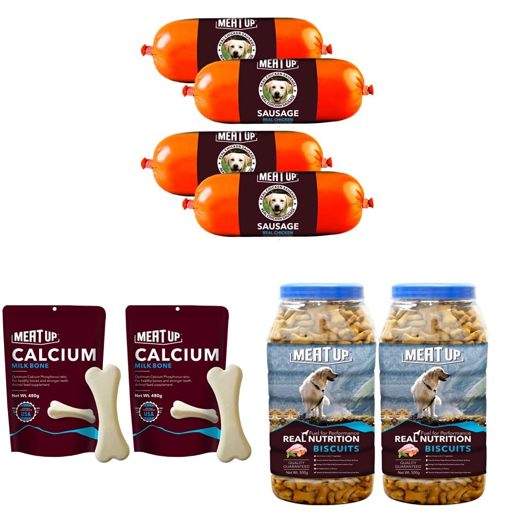 Meat Up Real Chicken Sausage, Dog Treat (Pack of 2), 150gm per Sausage & Calcium Bone Pouch, Dog Treats - 25 Pieces (230 gm) & Chicken Flavour, Real Chicken Biscuit, Dog Treats -500g Jar (B08L87S11W) Amazon Price History, Amazon Price Tracker