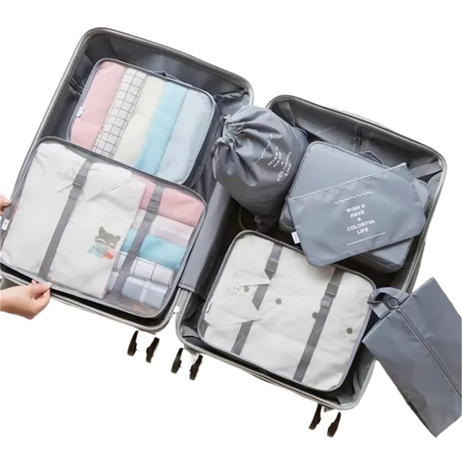 Juego de 7 contenedores almacenamiento for artículos esenciales viaje, neceser y bolsa maquillaje, maleta, ropa, zapatos, organizador interior(Grey)