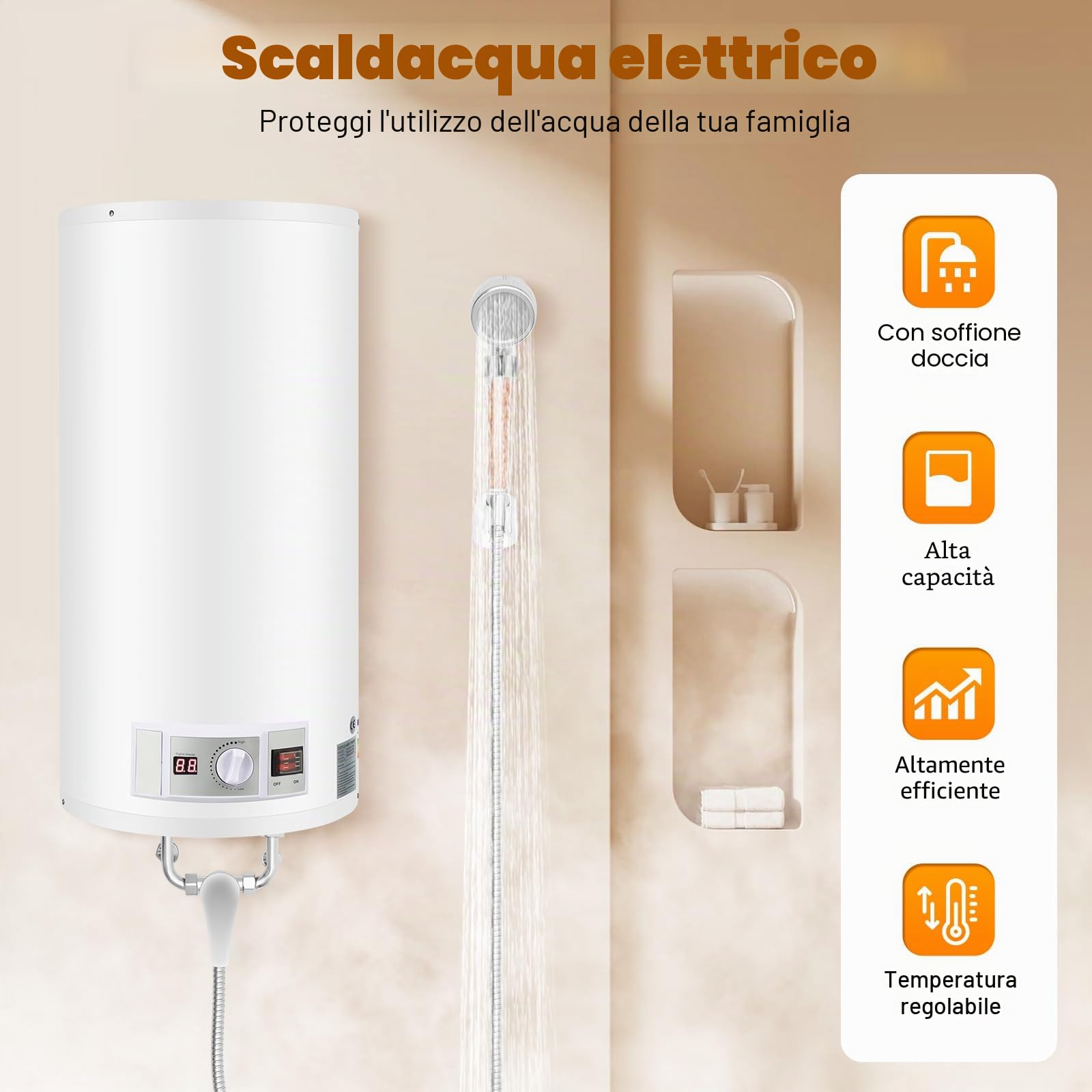 Scaldacqua elettrica istantanea da 50 l, scaldabagno elettrico da 2000 W, scaldabagno, 71 x 34 cm, con set doccia, 25 – 75 ℃, per cucine, WC, appartamenti