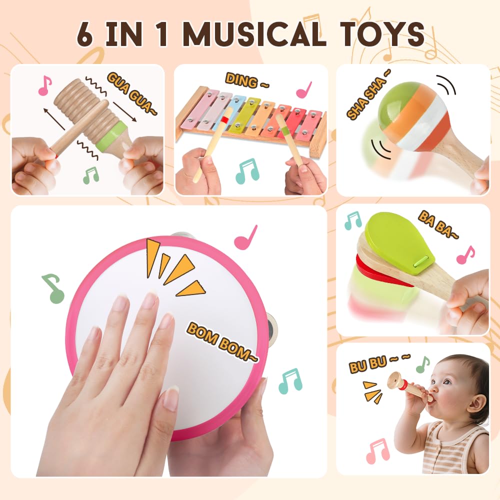 Baby Musical Instruments for Girls-Montessori Wooden Toys for Toddlers 1-3,Percussion Instruments Set with Xylophone Preschool Educational 3+ Christmas Birthday Gift for 1 2 3 Year Girls