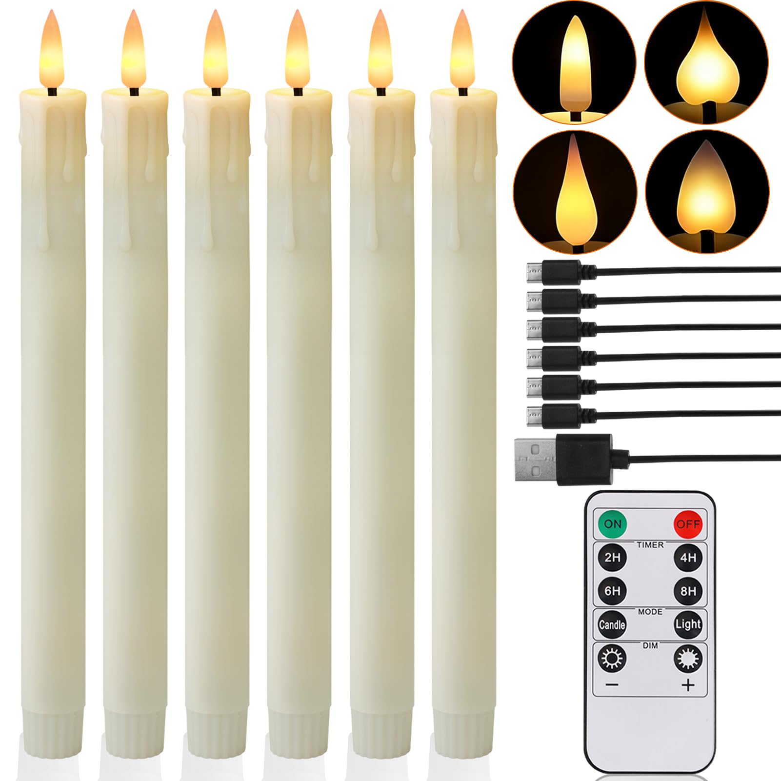 wiipara Wiederaufladbare LED Stabkerzen mit Timerfunktion, 6 Stück LED Kerzen Flackernde Flamme mit 4 Arten von Lampensockeln, Elfenbein Stabkerze für Tisch, Zimmer, Halloween Weihnachtsdeko