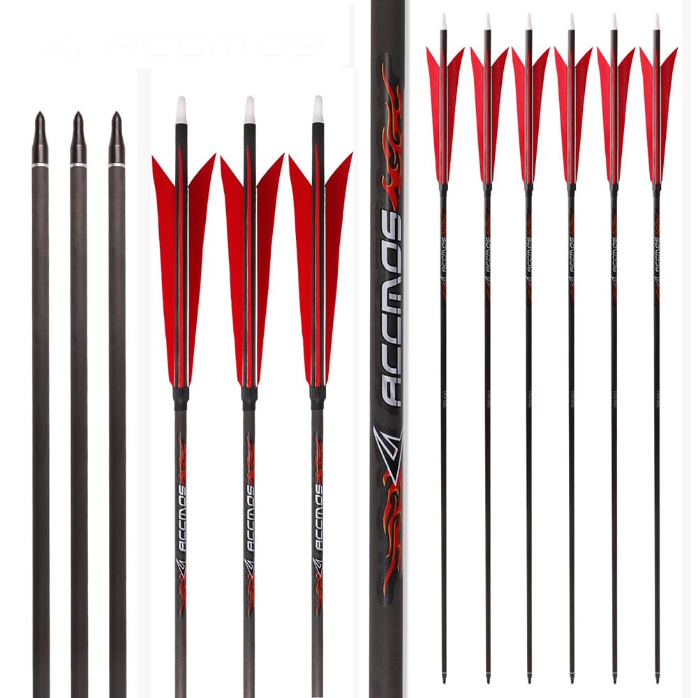 PHILOCS 12 pcs Archery Arrows, Pure-carbon ID 6.2 mm Spine 200 250 300 350 400 500 600 700 800 Hunting Arrow, Red Pointed-shaped Feathers (27inch,Spine 500)