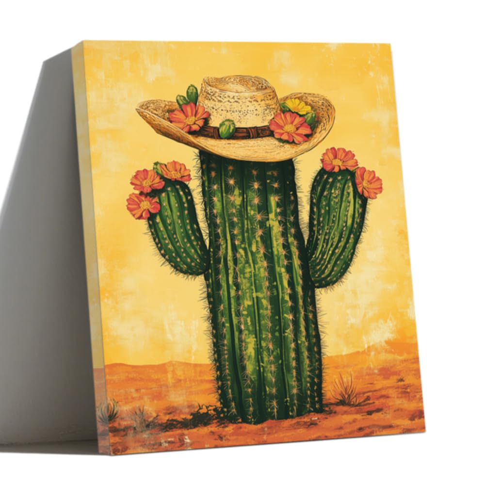 LMYSXAOZ Mexican Cactus Canvas Wall Art Framed Saguaro Picture with Cowboy Hat Painting Prints Southwestern Desert Succulent Boho Living Room Decor (yellow,40x50cm)