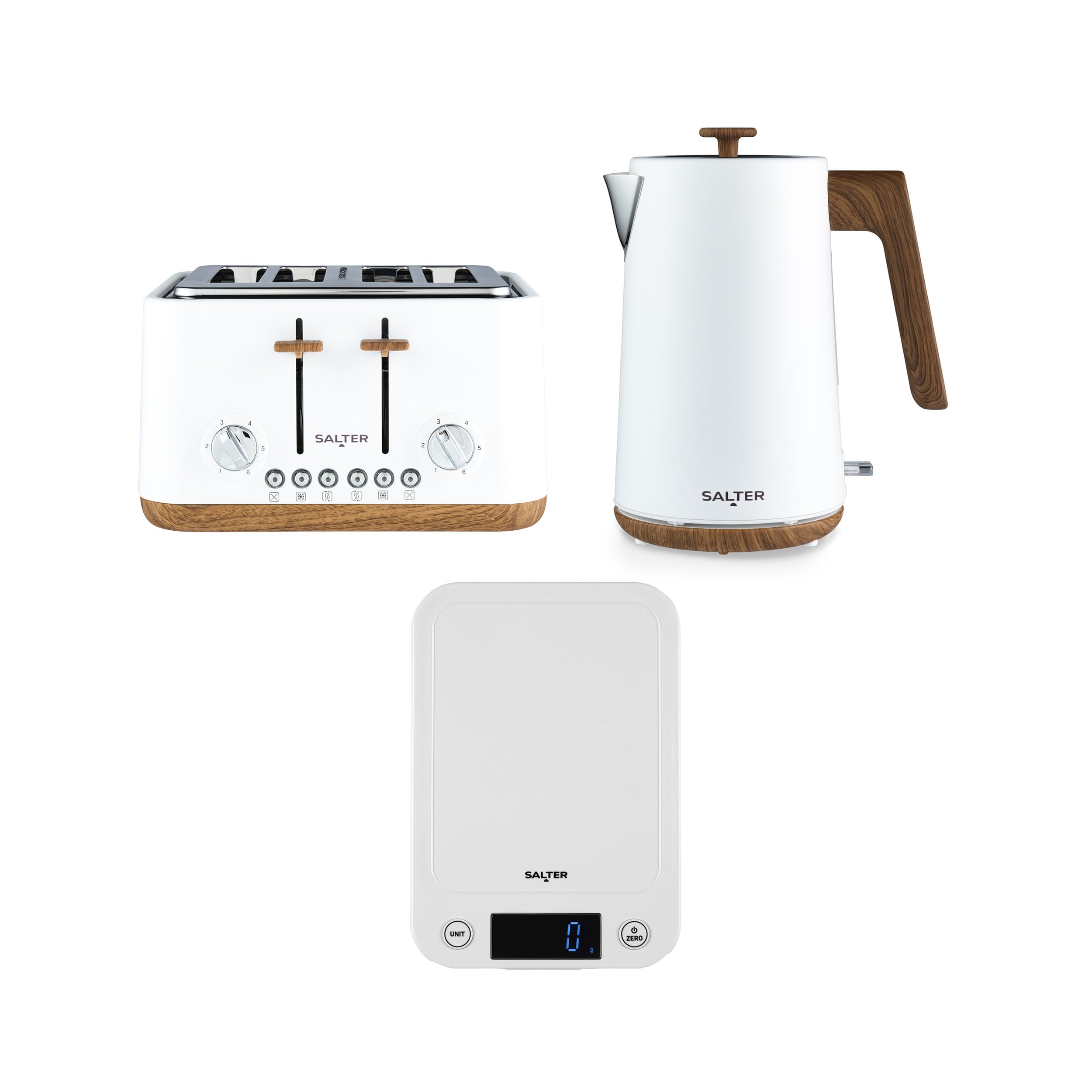 Salter Toronto Kettle, Toaster & Scale Set – 1.7L Electric Water Boiler with Safety Features, 4-Slice Toasting with 7 Browning Levels, Digital/Electronic Food Weighing, Baking, 5 kg Capacity, White — image 1