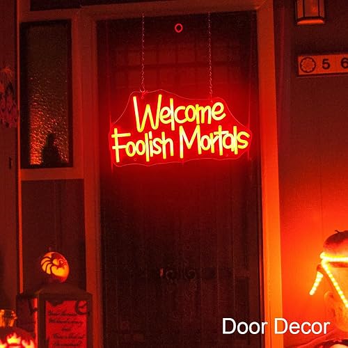 Miniatura 6 de Letrero de neón de Welcome Foolish Mortals alimentado por USB, con funda de batería para fiesta de Halloween, decoración de mansión embrujada,