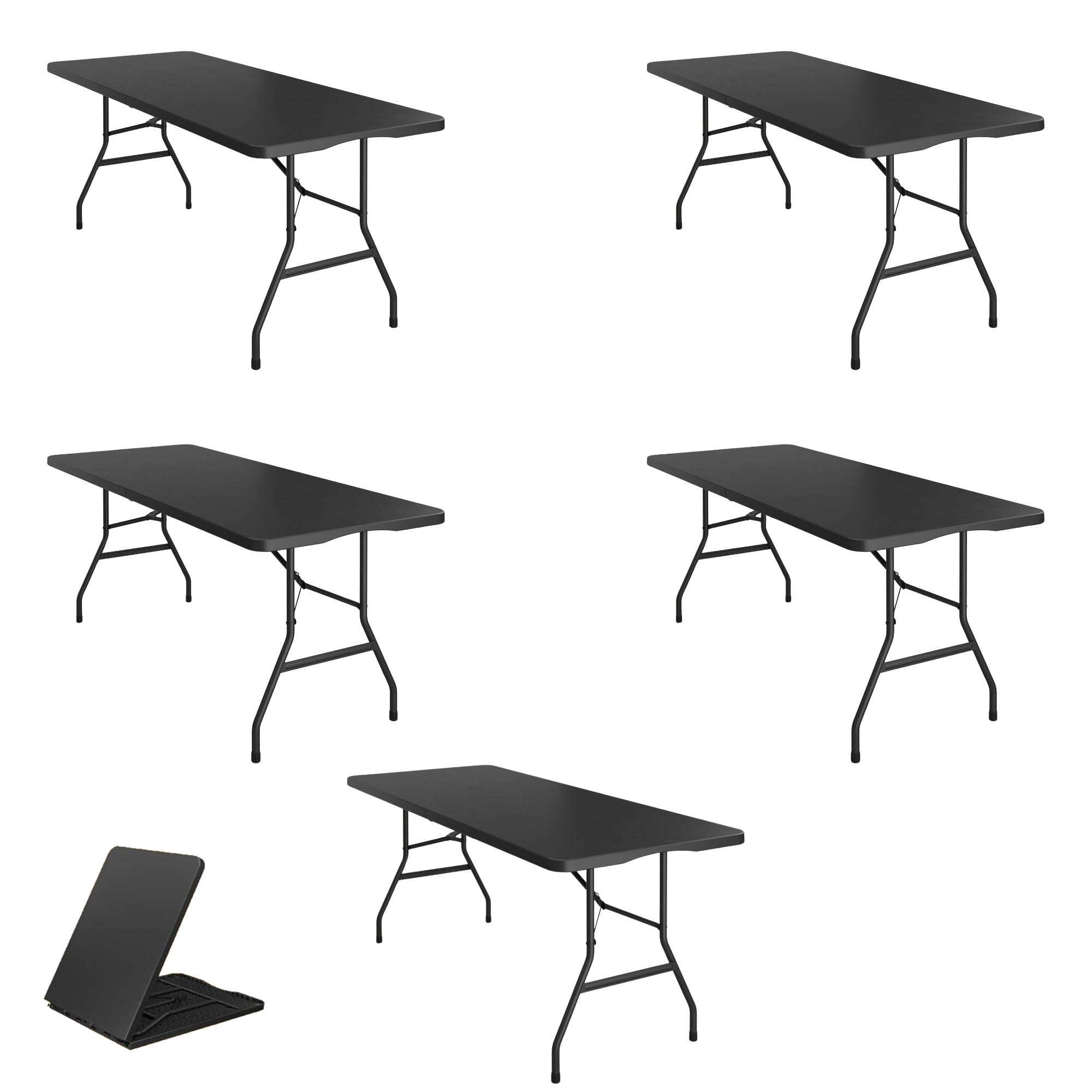 BTExpert Set of 5, Fold-in-Half Folding Utility Table 6 Feet 72"x 29.5" Lightweight Portable Carrying Handle Indoor Outdoor Picnic Camping Office Home Party Wedding Event Easy to Clean Store Black