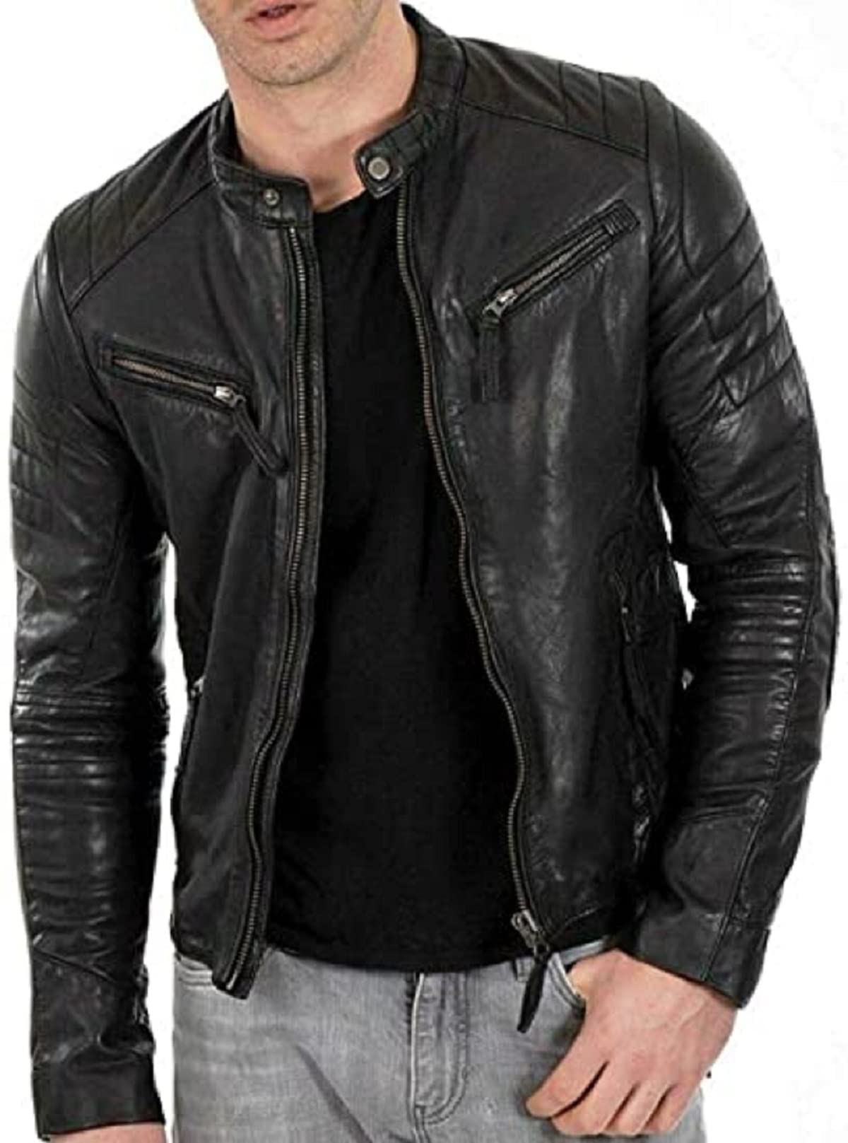 Men's Slim Fit Cafe Racer Black Genuine Lambskin Quilted Motorbike Vintage Real Leather Motorcycle Biker Jacket Men