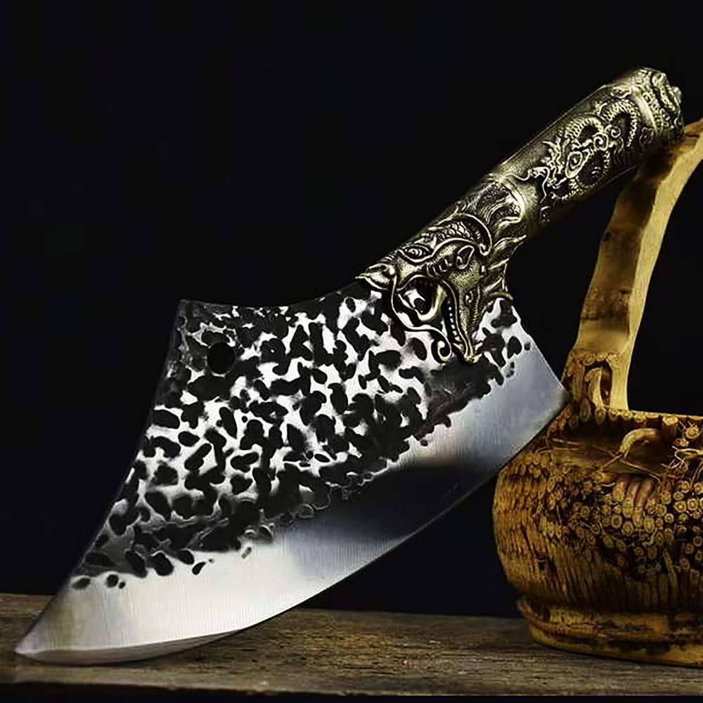 Meat Cleaver Knife, 9.4 Inch Machete Longquan Kitchen Chop Cut Knives Chop Bone Cleaver Copper Dragon Decora Handle Butcher Viking Knife