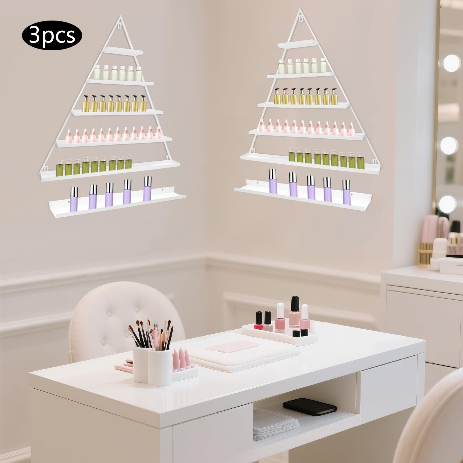 6 Sets Nagellack Regal, Wandmontierte Nagellack Ausstellungsregale, Dreieckiges Präsentationsregal, Atherisches Organizer bis 45kg , 66*7*70 cm, für Nagellack Parfüm Lipstick Ätherische Öle, Weiß