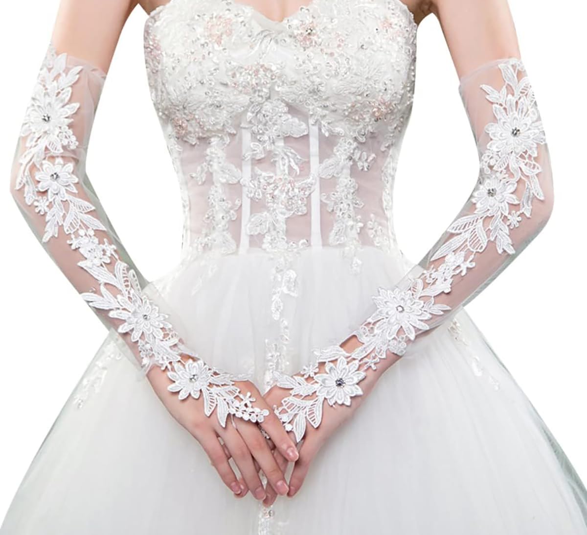 Bridal Lace Gloves, Floral Embroidered, Elbow Length, Available in Black, White, Red