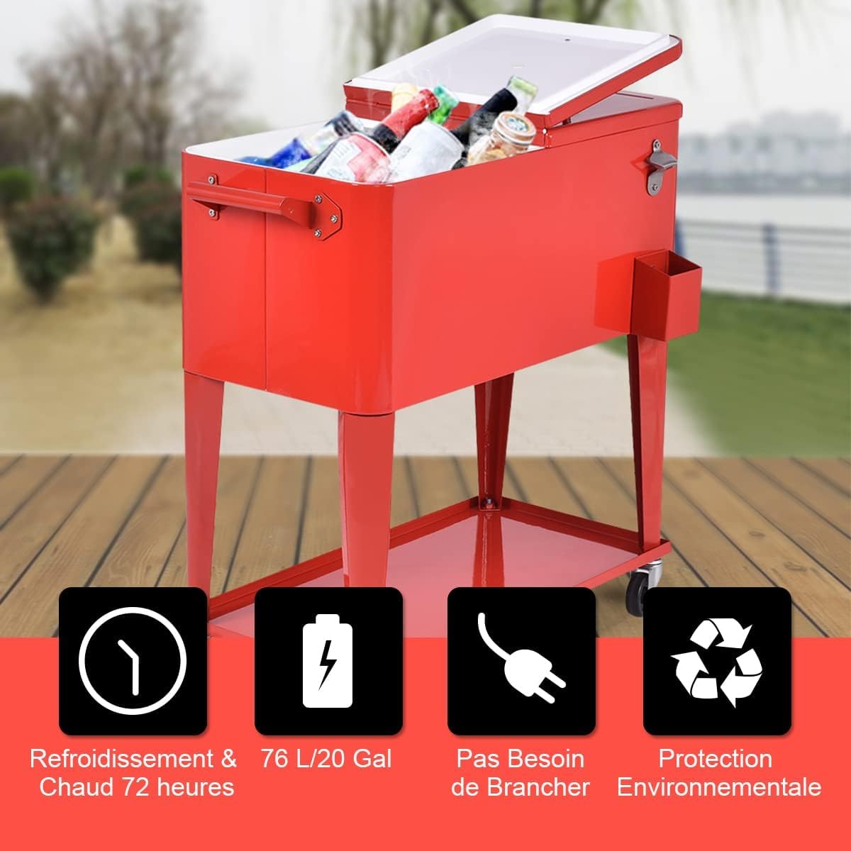 GOPLUS Carrito Nevera 76L, Nevera Portátil con Ruedas para Bebidas y Hielo, Bar Móvil con Sacacorchos y Estantes para Jardín Terraza Picnic Fiesta Exterior